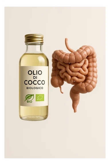 BOCCETTA DI OLIO DI COCCO BIOLOGICO (FAI UN ETICHETTA SUL PRODOTTO IN ITALIANO) CHE FLUTTUA IN ARIA INSIEME A UN INTESTINO UMANO ANATOMICO IN PERFETTA SALUTE, SFONDO CHIARO, iperrealistico 4k sticker