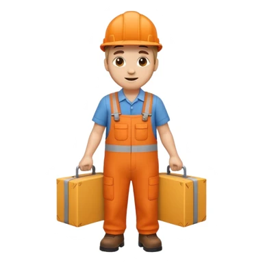 emoji style railway engineer full body in orange overalls, carrying a box in front of them sticker