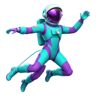 Stylized futuristic astronaut in mid-flight pose, sleek purple and neon teal suit, flat vector design, heroic silhouette, dynamic diagonal motion lines sticker