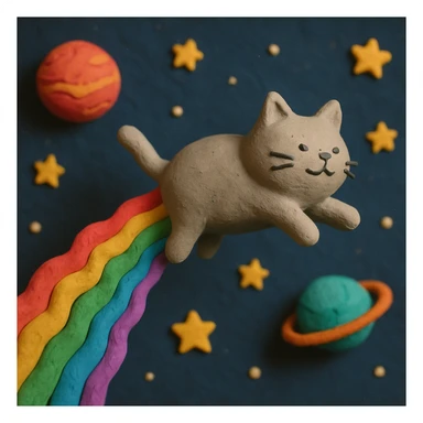 claymation style flying cat pooping rainbows in outer space with stars and planets sticker