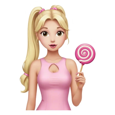 Beautiful woman with long blonde ponytails wearing light pink bodycon dress holding a lollipop sticker