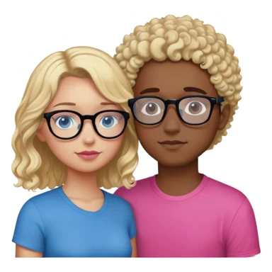 intimate moment between lovers boy with blonde hair black glasses and blue eyes and a black shirt, Girl with a mixed skin tone, dark brown curly hair, pink glasses, and a pink shirt sticker