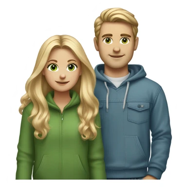blonder long hair girl portrait green eyes holding hands with man with white and brown mixed colored hair both wearing blue jeans and cozy sweatshirts sticker