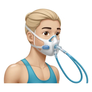 Athlete wearing VO2 max testing mask covering nose and mouth, with tubing connected to measurement equipment sticker