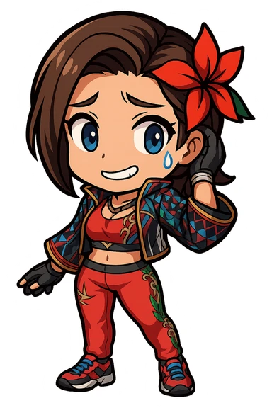 Azucena from Tekken 8 in chibi sticker style, with a sweat drop and nervous smile, wearing the detailed red and patterned outfit from the reference images, designed for Twitch emote use. sticker