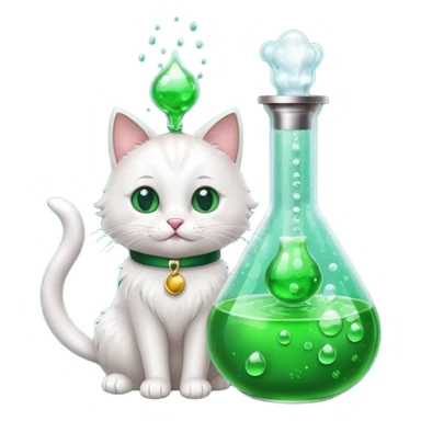 Sleek cat wearing a white coat, paw on a bubbling flask. sticker