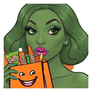 Big lips, long lashes, extreme makeup and nails with Cheeto bag sticker