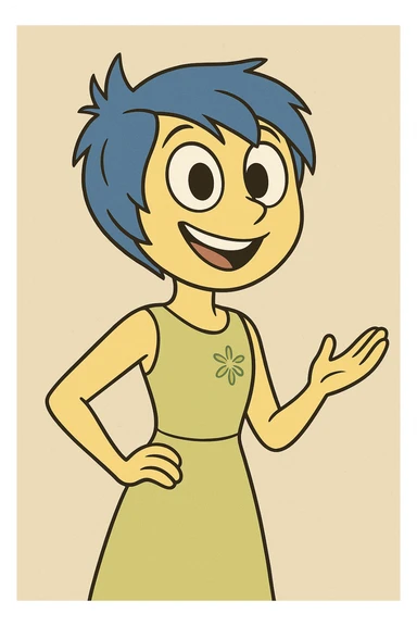 Joy from Inside Out, cheerful expression, blue hair, yellow skin, animated style sticker