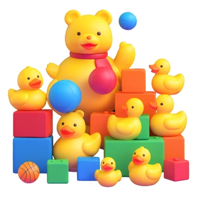 Colorful toys scattered together - teddy bear, rubber duck, toy blocks, ball, and action figures sticker
