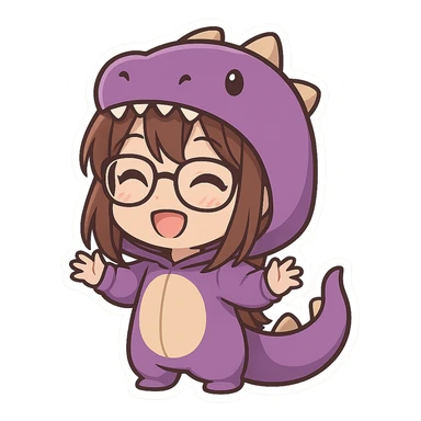 chibi anime style gamer girl with glasses, brown hair, dark purple eyes, wearing a purple dinosaur costume, happy, eyes open, no controller sticker