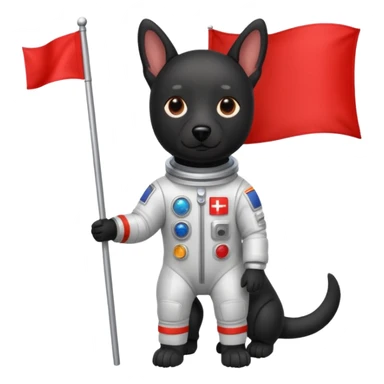black dog standing in space suit holding red rectangle flag sticker
