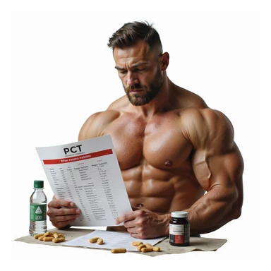 hyper realistic muscular bodybuilder with defined muscles consulting a PCT chart with medications and dosages, supplements and water bottle beside him, determined expression, Italian caption: 'PCT efficace: recupero rapido', isolated on white background sticker