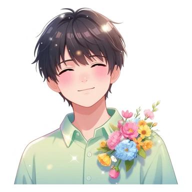 Gorgeous bright sparkly romantic Asian pastel anime guy with blushing face and flowers aesthetic trending style outside sticker