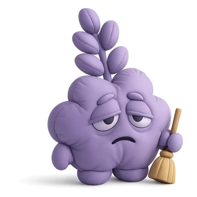 chubby lavender-colored lavender flower character with droopy eyes and a tired face, holding a tiny broom, cushion style sticker