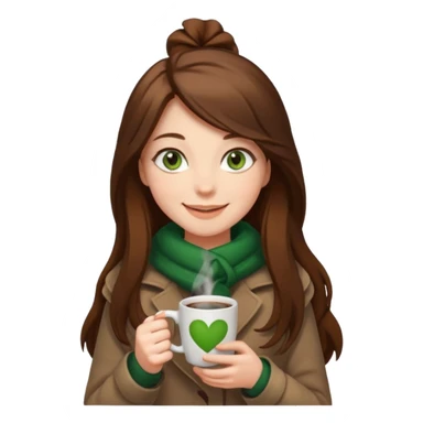Girl green eyes brown long hair with brown-white winter clothes with coffee in her arms sticker