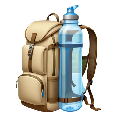 Icon for Ecotourism: a lightweight hiking backpack with a reusable water bottle, placed against a backdrop of lush green nature, with trees and a scenic trail. The icon should represent eco-friendly travel and the beauty of the outdoors. Transparent background. sticker