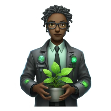 Cyberpunk scientist holding plant sticker