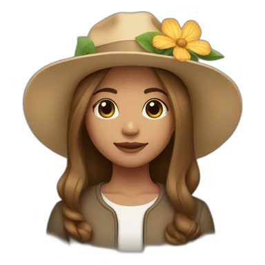 Light skin, Girl with a flower in her hand, with a hat, shoulder-length brown straight hair sticker