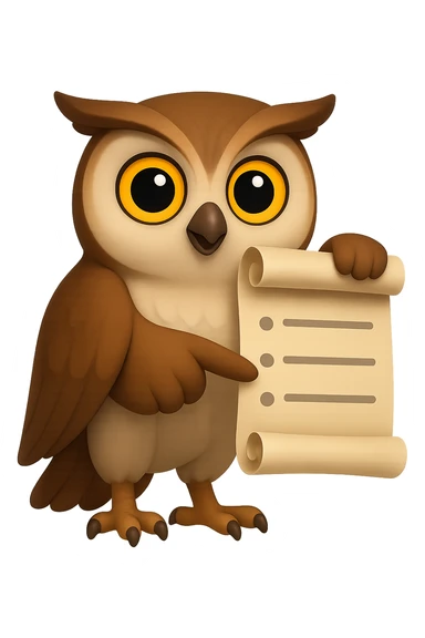 В стилистике эмоджи сгенерируй сову, она смотрит прямо на зрителя, в одном крыле она держит развернутый свиток, а другим указывает на пункты в нем, прозрачный фон sticker