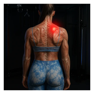 Anatomical hyperrealistic 4K view of a woman from the back in a gym environment, showing a muscle contracture as a clearly visible knot on the right side of the upper back muscles, translucent muscles and skin, with a red halo. Knot positioned higher. sticker
