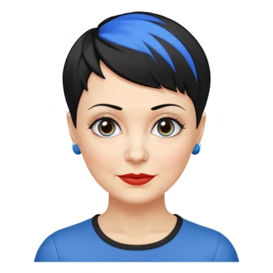 reife frau, vierzig Jahre alt kein kind! freche extreme schwarze Kurzhaarfrisur eine Seite wirklich fast keine Haare andere Seite mit blauer Strähne kurze Seite noch viel kürzer sticker