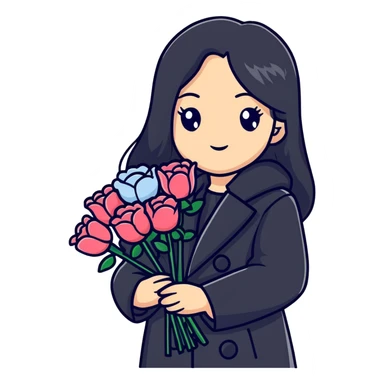 beautiful girl with long black hair wearing a black coat holding a bouquet of flowers sticker