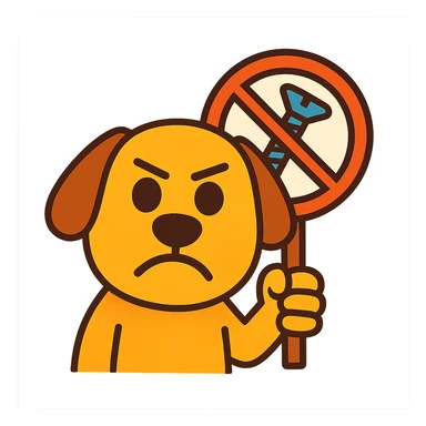 humorous emoji of a dog holding a 'no screws' sign, for 'Don't screw the pooch' sticker