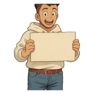 1 male, mid fade haircut dark chestnut brown curly hair, toasted lightskin, white hoodie sleeves up, fashion jeans, red fashion-sneakers shoes, red belt, short trimmed beard and goatee,  style of deku from "my hero academia", pose: holding a blank poster shoulder level, the image is framed from the waist to above the top of the head, facial expression is excited sticker