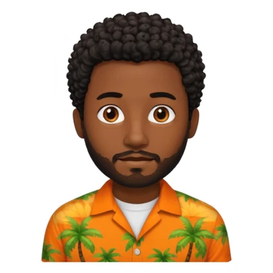 create an emoji of a man but with very very short curly black hair, no hair on the sides, dark skin, dark brown eyes and a short beard without a moustache and an orange and tropical shirt sticker