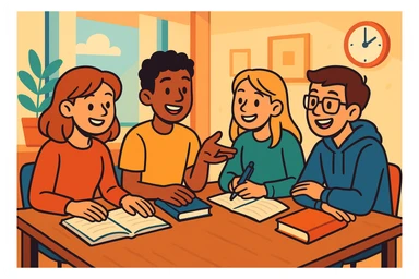 quatre étudiants assis ensemble autour d'une table, en pleine réflexion, discutant et échangeant des idées, ambiance détendue, sourires, fond agréable et lumineux, style illustration moderne, couleurs douces et chaleureuses sticker