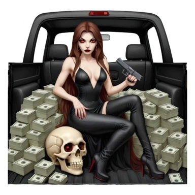 Lilith red eye seductress evil long brown haired sexy succubus woman with leather long seductive dress on, sitting in Big Large F350 pickup truck. Wearing super tall black platform high heels, Back seat full of stacks of cash, she is  Holding a human skull of her enemies and a gun in other hand sticker
