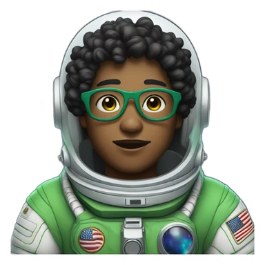 Medium tone skin Boy with black short curly hear and beard and glasses wearing a green and white astronaut suit sticker