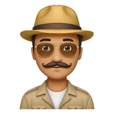 mustached man in sunglasses with HAT sticker