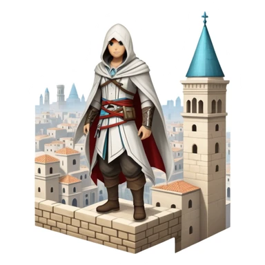 An icon representing an adventure game, inspired by Assassin's Creed. The design features a heroic character in hooded attire, scaling a tall building in a historical cityscape. The background shows ancient architecture and hidden symbols, symbolizing exploration and stealth. Transparent background  sticker
