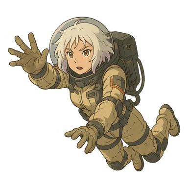1 female, white hair lavender tips gold yellow eyes, a tactical female space warrior floating in zero-g EVA operations, reaching in front of her sticker