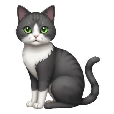 full body view of beautiful female solid dark grey cat with green eyes, white toes/paws and white patch on her chest sticker