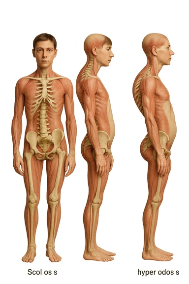 fai un immagine identica che riguarda 3 posture scorrette: scoliosi, ipercifosi e iperlordosi. falla iperrealistica anatomica in 4k con spina dorsale storta in evidenza su ogni figura sticker