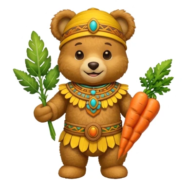 teddy bear, wearing yelloư mayan ancient custome, with carrot half body sticker