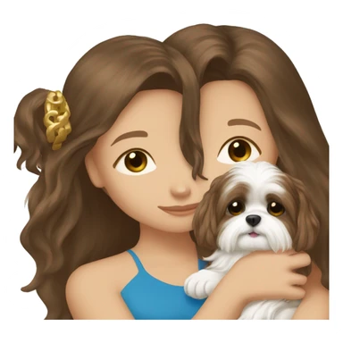 Brunette girl with brown long hair and blue eyes, hugging her withe Shih tzu with gold ears sticker