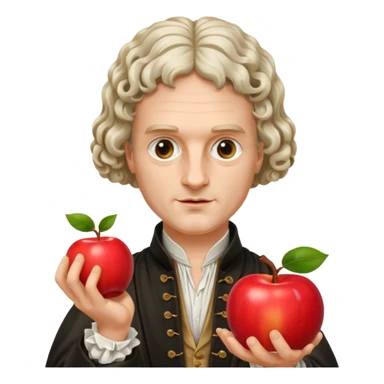 Isaac Newton wearing 17th-century aristocratic attire with long curled periwig, hold an apple sticker
