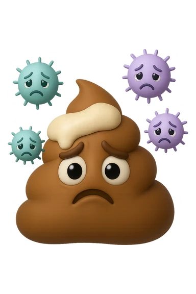 emoji stile iphone 3d di una cacca con muco bianco sopra, dietro cui fluttuano batteri intestinali tristi, iperrealistiche 4k sticker