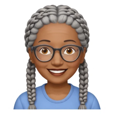 Older woman of color with gray braids, glasses and smiling sticker
