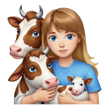 Woman with brown hair long and blonde highlights, bangs in front, blue eyes, white t shirt hugging a cow sticker
