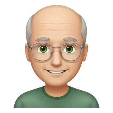 Balding man with receding hair, grey hair only on the sides, green eyes, rectangular reading glasses, rounded clear face, with a smile sticker