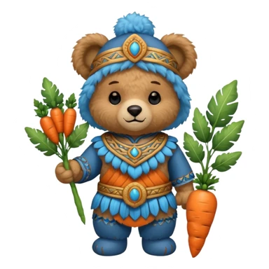 teddy bear, wearing blue mayan ancient custome, with carrot sticker