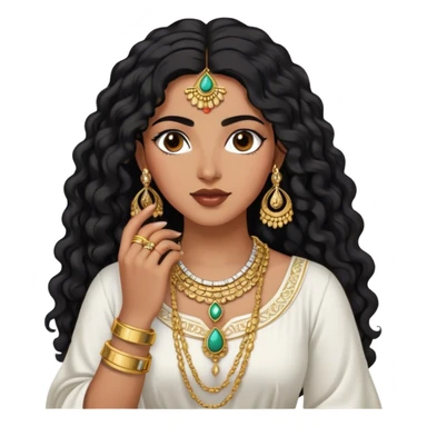 The Palestinian woman, she had long curly black hair and well defined eyebrows wears a white traditional dress. Her accessories steal the spotlight—intricately designed gold bangles, statement rings, and layered necklaces—each piece exuding heritage and craftsmanship.  sticker