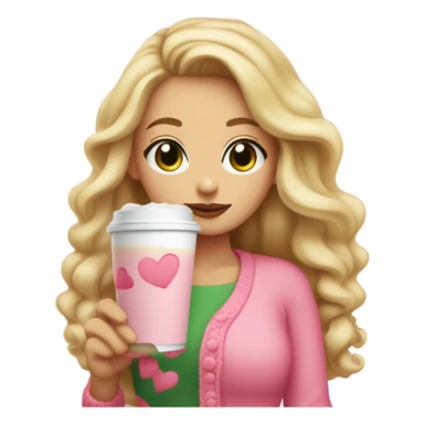 woman with green eyes and long curled blonde hair with a pink bow in her hair, wearing a pink cardigan with a red hearts and she is holding an iced coffee sticker