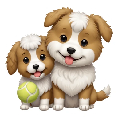 Two playful doodle-like dogs: one light brown with a tennis ball in its mouth, the other black and white with a fluffy coat. sticker