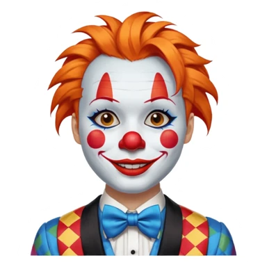 Orange hair styled in upward tufts.

White face paint, red nose, red lips, and thin black eyebrows.

Wearing a colorful patchwork clown suit with a big blue bow tie.

Happy, cheerful smile. sticker