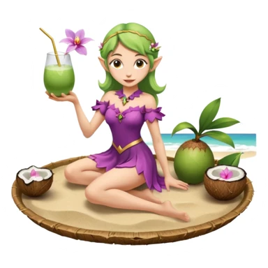 female elf in orchid-petal dress, balancing coconut drink tray. Barefoot on sand sticker